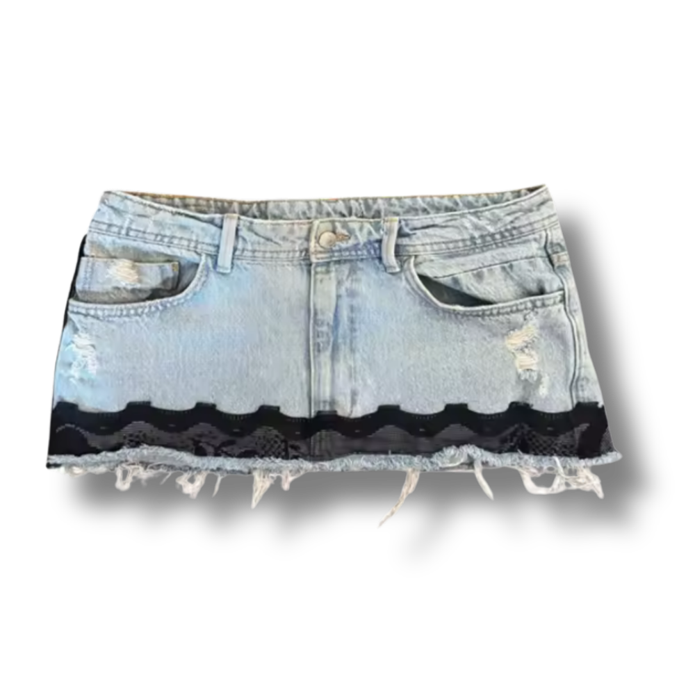 3 Black Patch Work Short Denim Skirt