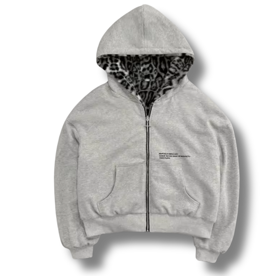 Reversible Grey Leopard Print Zip Up Hoodie