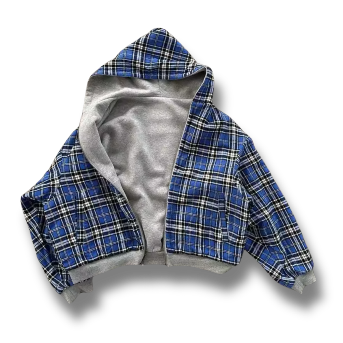 Grey & Blue Plaid Reversible Zip Up Hoodie