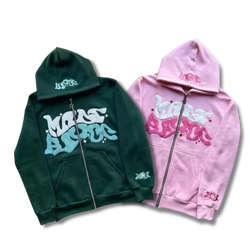 Matching Wavy Text Zip Up Set Green+Pink