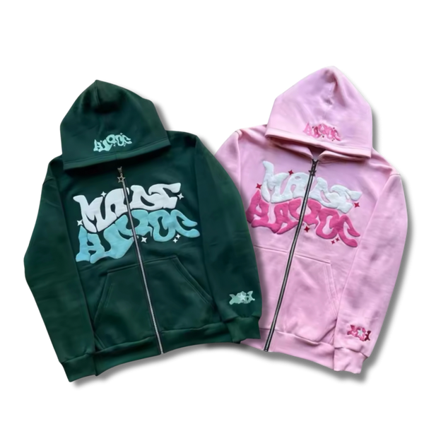 Matching Wavy Text Zip Up Set Green+Pink