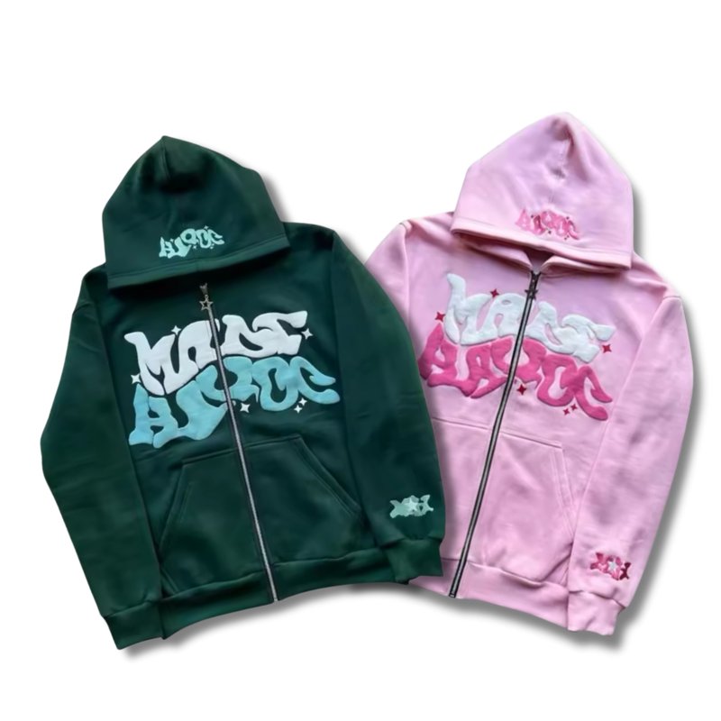 Matching Wavy Text Zip Up Set Green+Pink