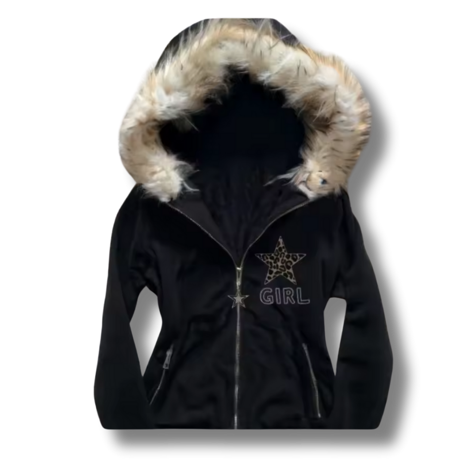 Leopard Print Star Fluffy Hood Girl Zip Up Hoodie