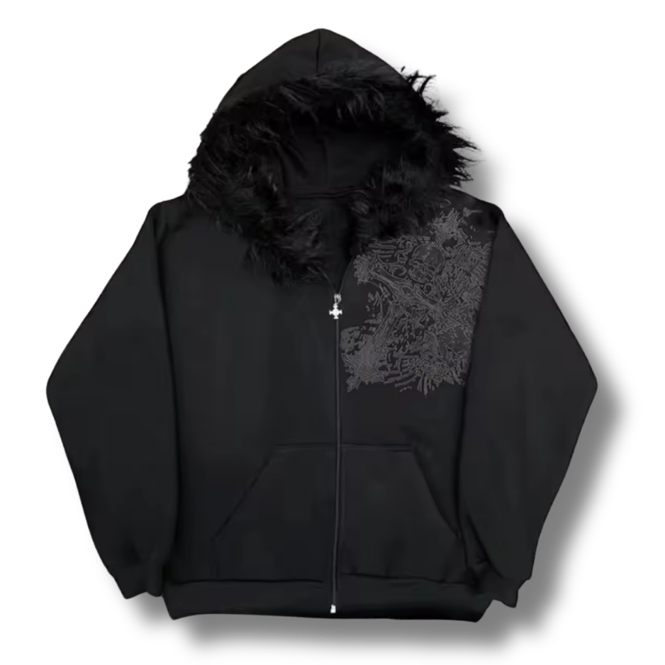 Slanted Cross Fluffy Hood All Black Zip Up Hoodie