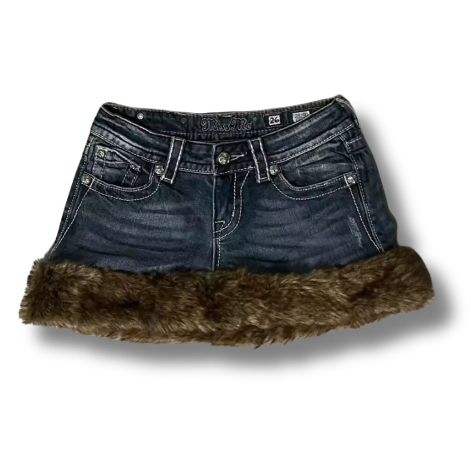 Fluffy Denim Short Skirt