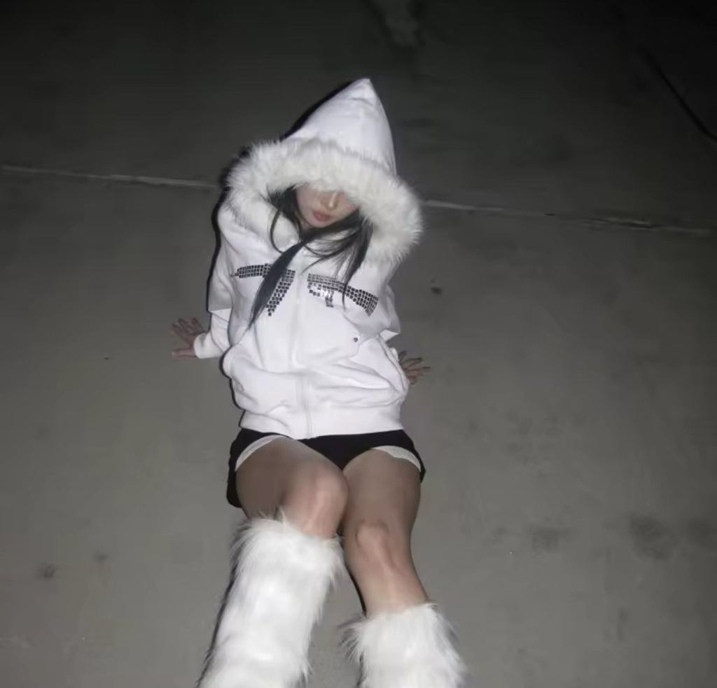 AK47 White Fluffy Zip Up Hoodie