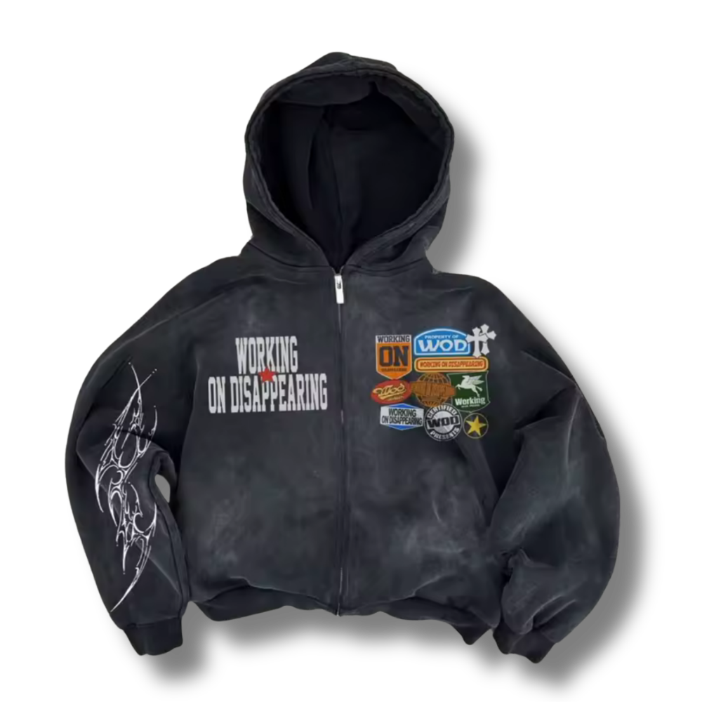 Working On Disappearing Patchwork Washed Zip Up Hoodie