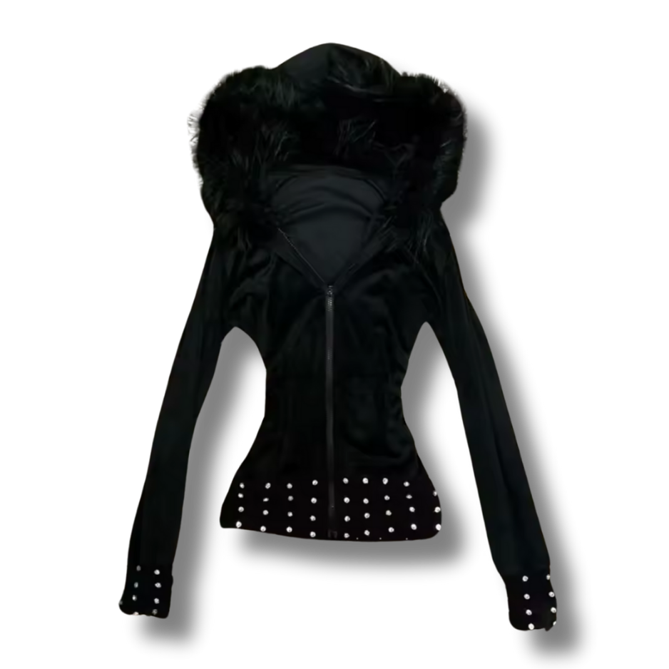 Black Stone Fluffy Hood Zip Up Hoodie