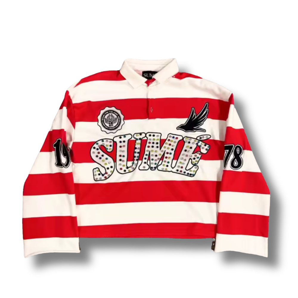 Sume Red & White Striped Long Sleeve Polo Shirt