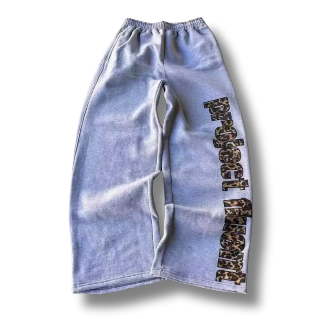 Leopard Print Project Fluent Uncuffed Baggy Grey Sweatpants