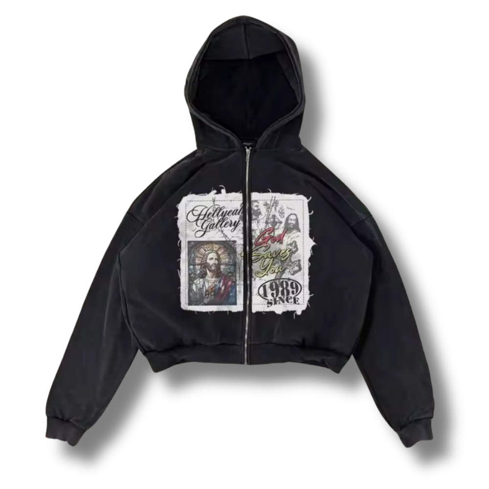 Heavenly Christ Stamp Zip Up Graphic Hoodie