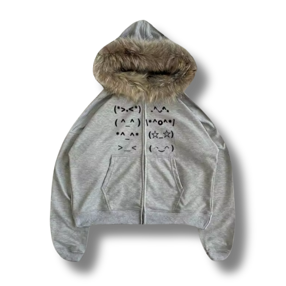 Keyboard Faces Fluffy Zip Up Hoodie
