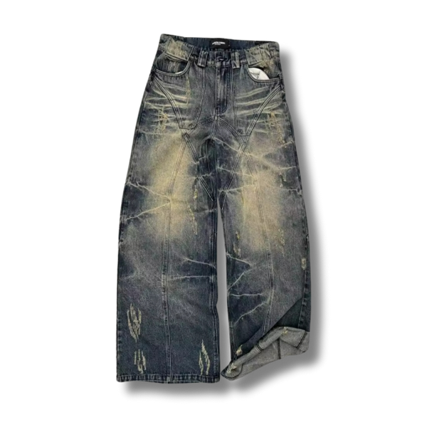 Distressed blue jeans