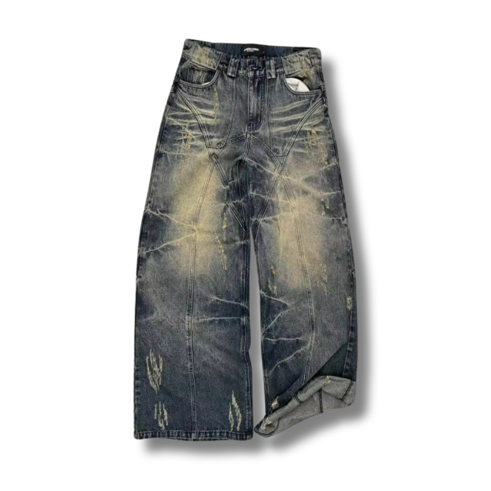 Distressed blue jeans