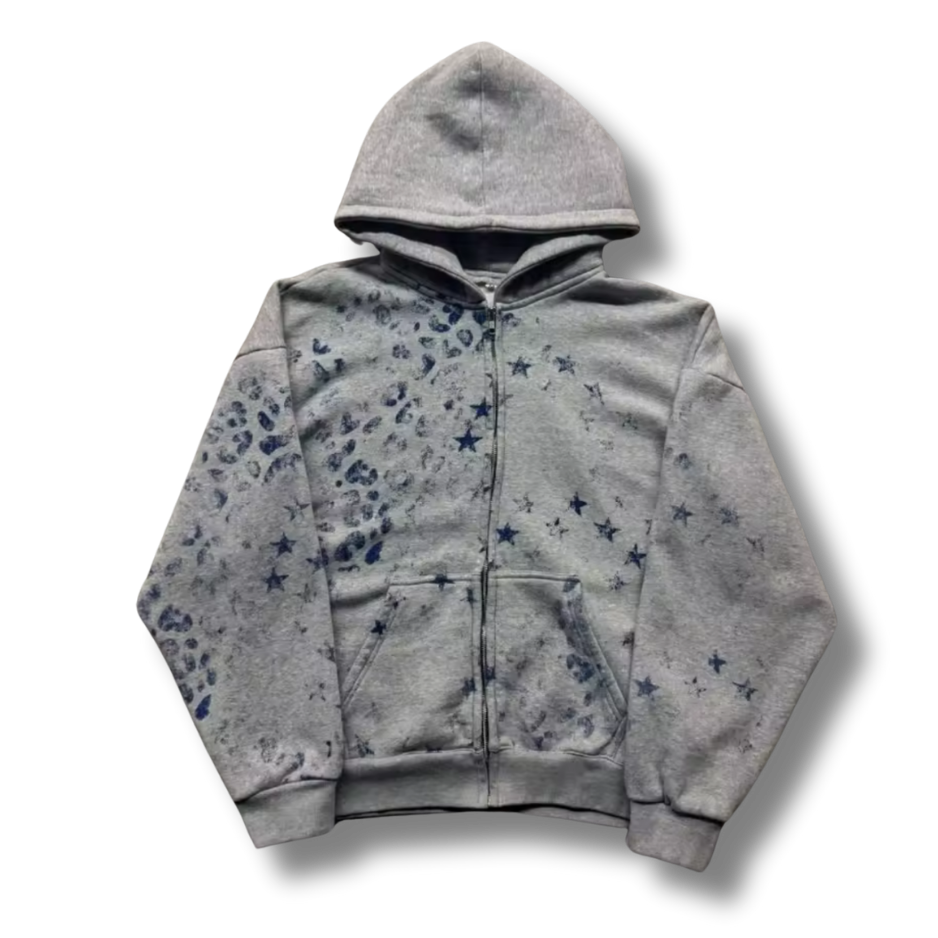 Leopard Stars Grey Zip Up Hoodie