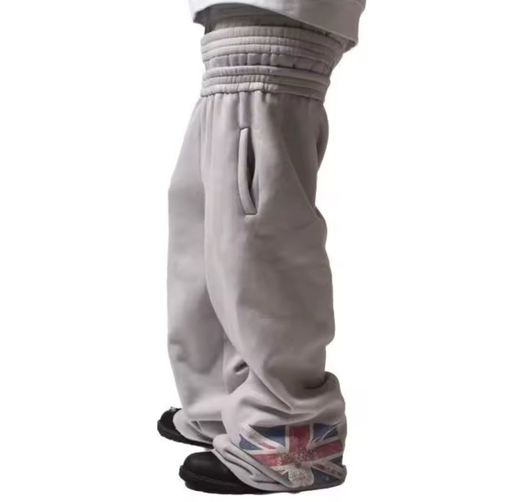 UK Double Waisted Uncuffed Baggy Grey Sweatpants