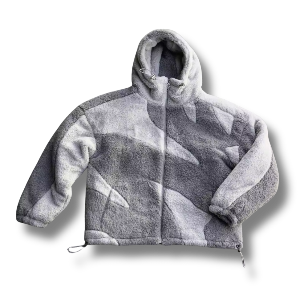 Grey Hooded Waved Fleece Jacket