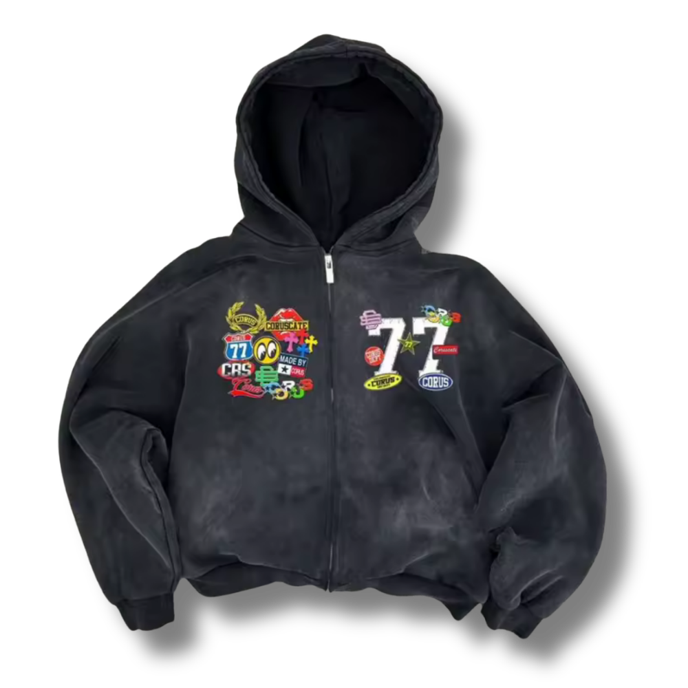 77 Patchwork Washed Zip Up Hoodie