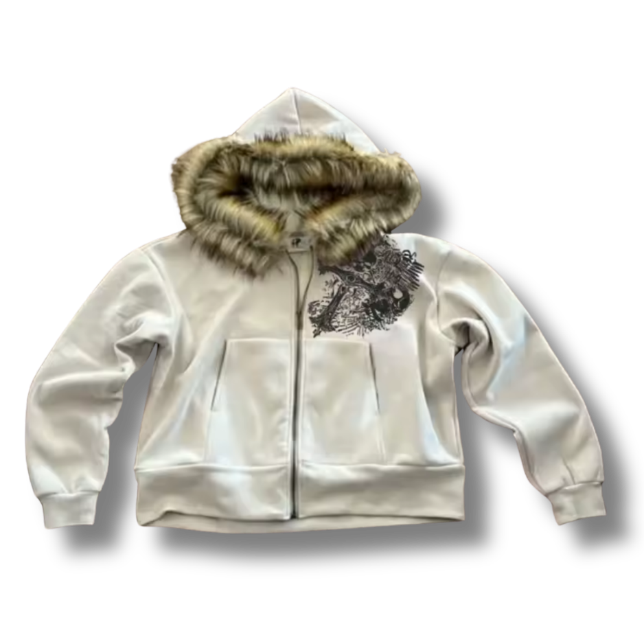 Slanted Cross Fluffy Hood White Zip Up Hoodie
