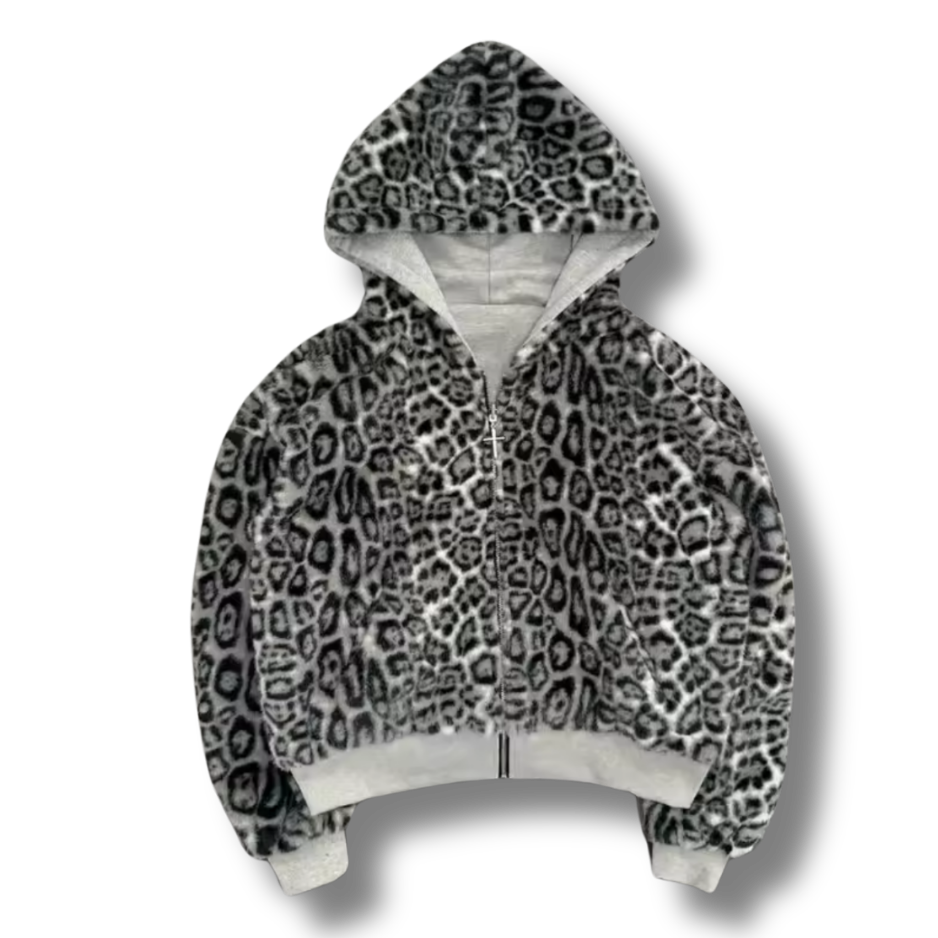 Reversible Grey Leopard Print Zip Up Hoodie