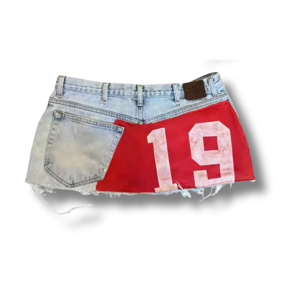 19 Red Patch Work Short Denim Skirt