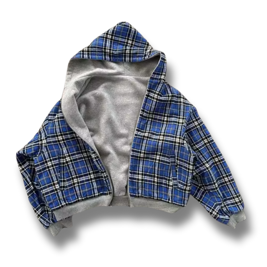 Grey & Blue Plaid Reversible Zip Up Hoodie