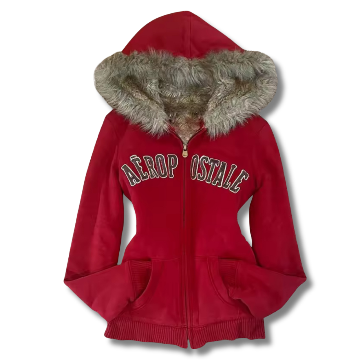 Aerop Red Fluffy Hooded Zip Up Hoodie
