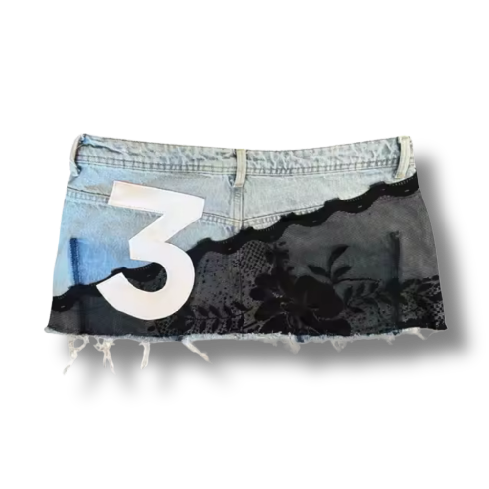 3 Black Patch Work Short Denim Skirt