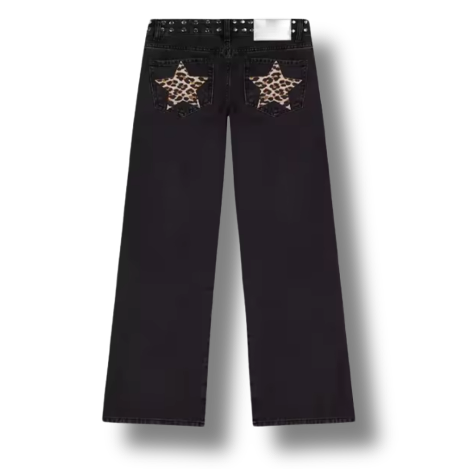 Leopard Star Black Denim Jeans