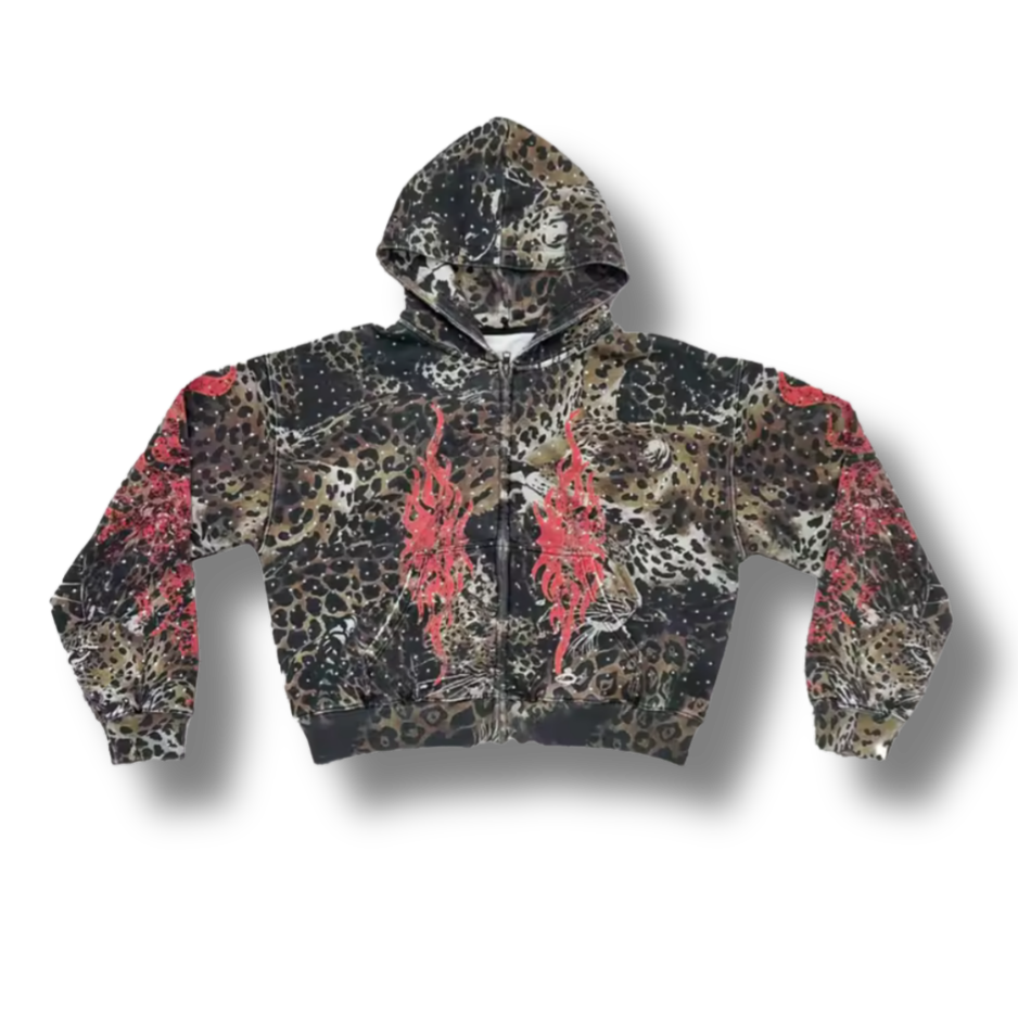 Flamed Tiger Print Zip Up Hoodie