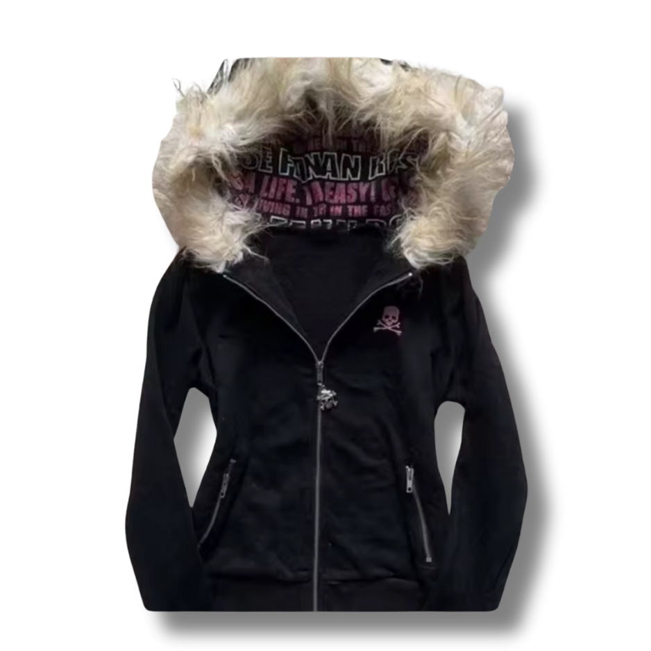 Pink Skull N Bones Fluffy Hood Zip Up Hoodie
