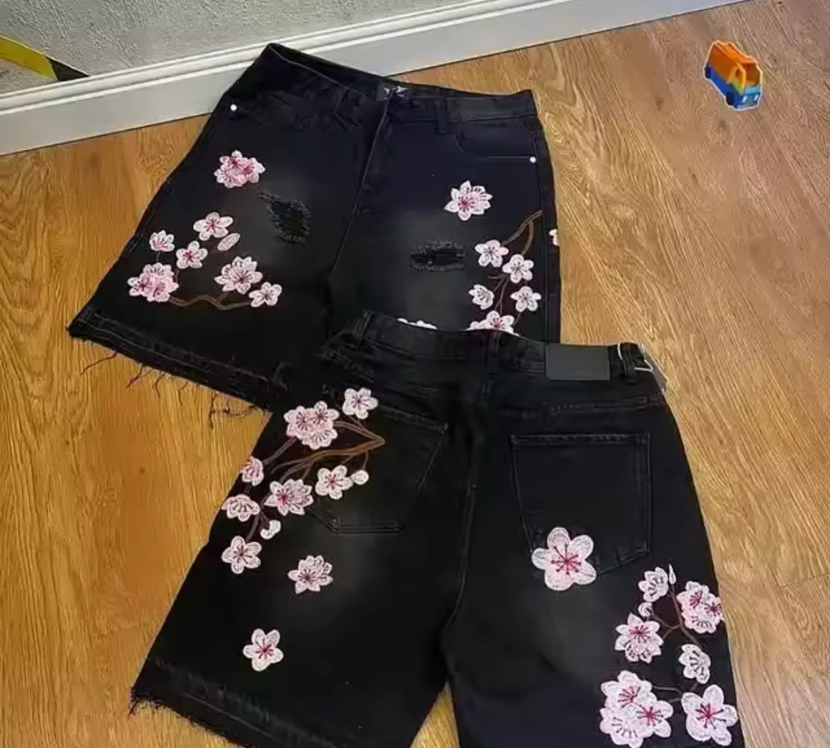 Cherry Blossom Black Denim Shorts