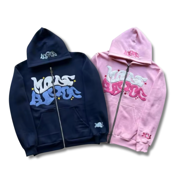 Matching Wavy Text Zip Up Set Navy+Pink