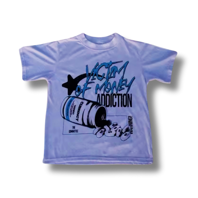 Victim Of Money Addiction Blue Graphic Tee