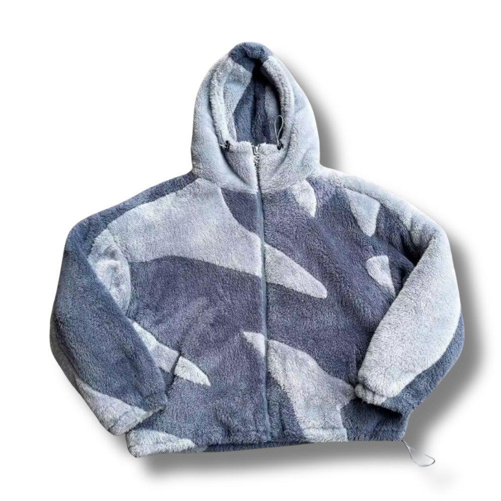 Blue Hooded Waved Fleece Jacket