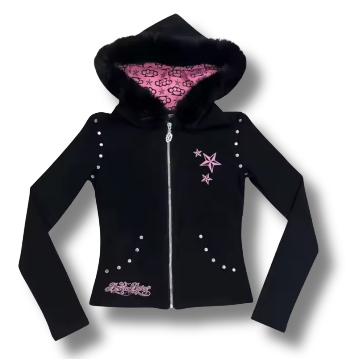 Pink Cute Stars Fluffy Hooded Zip Up Hoodie