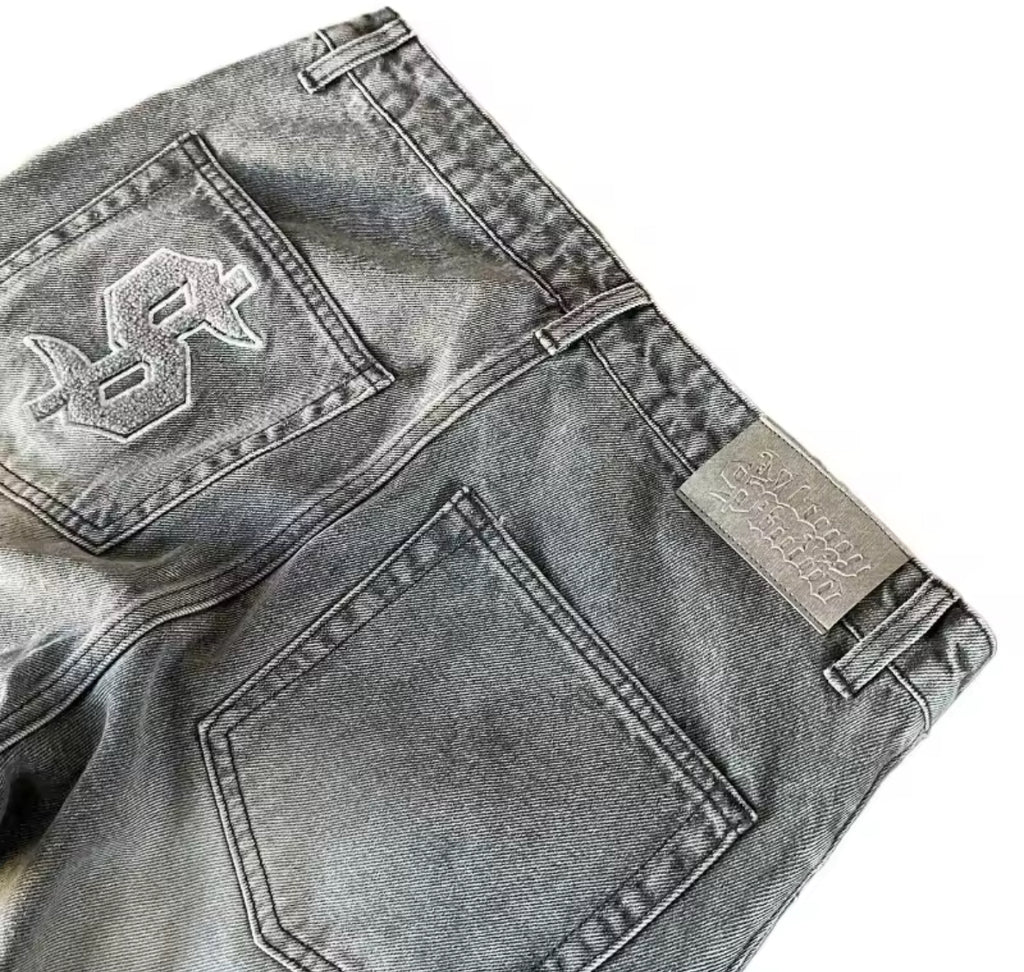 Dollar Sign Washed Grey Denim Jeans