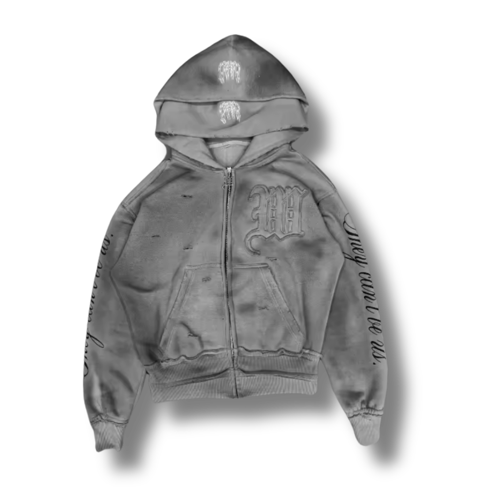 Double Hooded Washed Grey Zip Up Hoodie