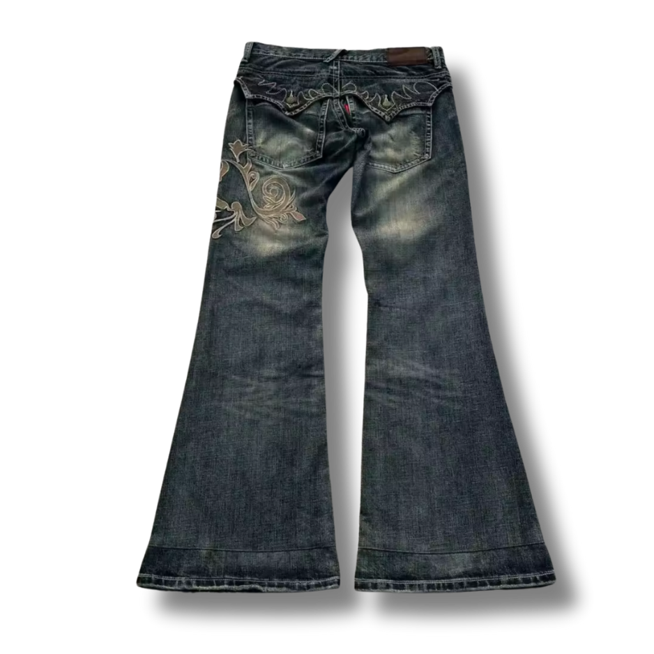 Floral Work Washed Flared Denim Jeans