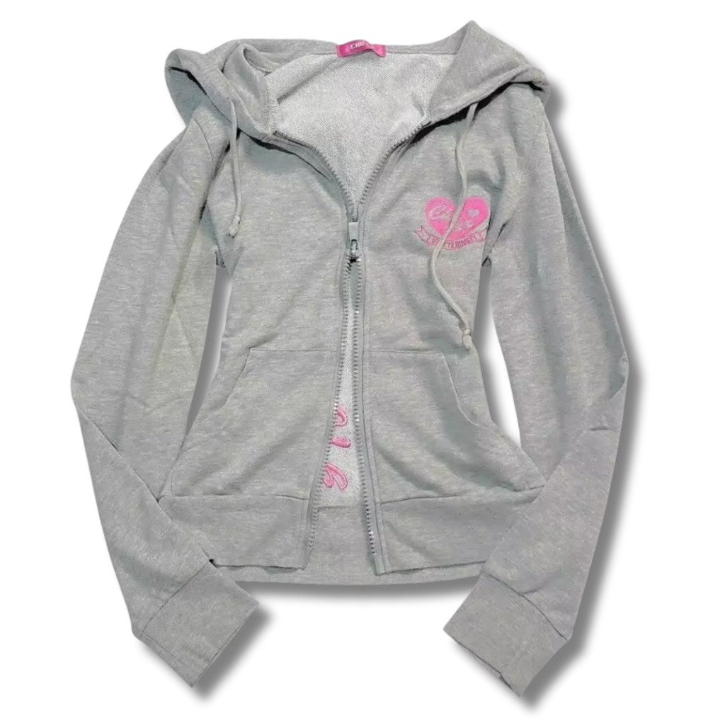 Pink Heart Grey Zip Up Hoodie