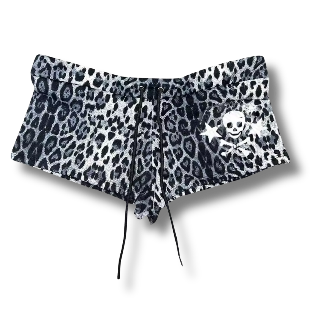 Grey Leopard Print Skull Short Shorts