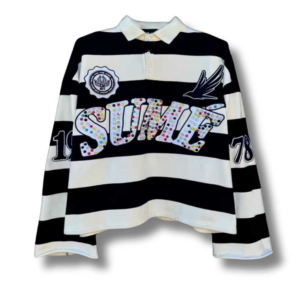 Sume White & Black Striped Long Sleeve Polo Shirt
