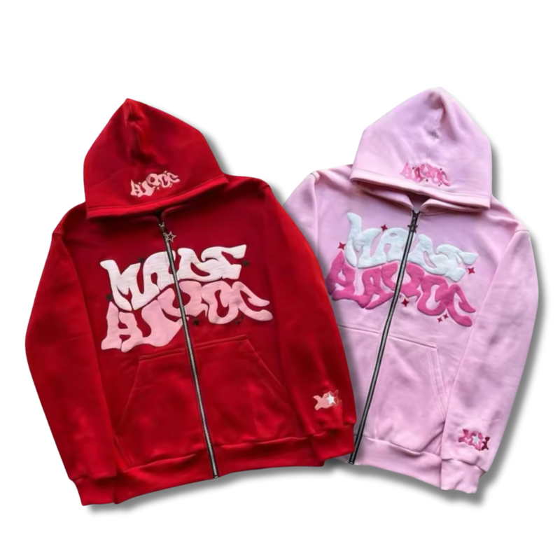 Matching Wavy Text Zip Up Set Red+Pink