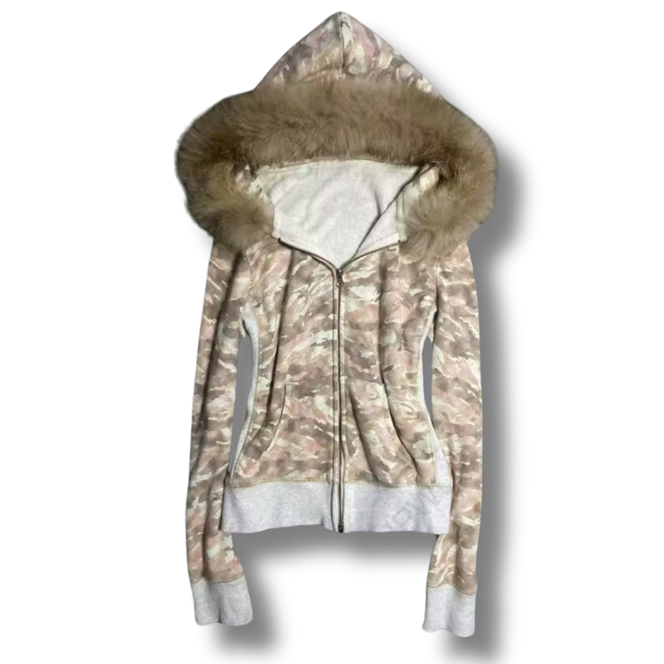 Camo Fluffy Hood Zip Up Hoodie