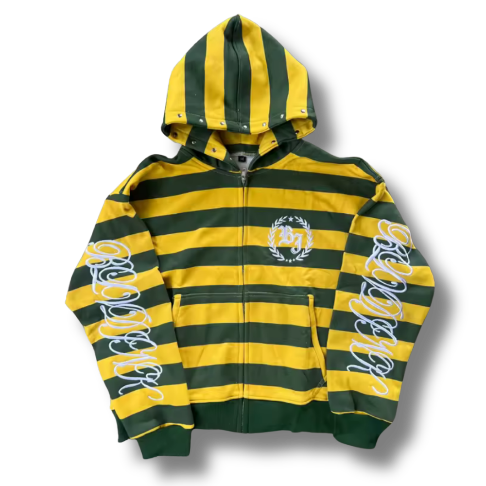 Calligraphy Sleeved Yellow & Green Striped Zip Up Hoodie