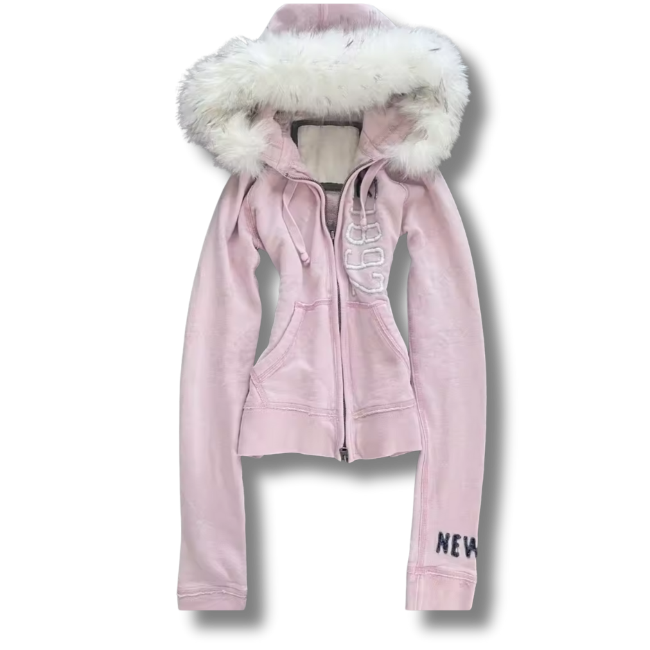 1892 Pink Fluffy Hood Zip Up Hoodie