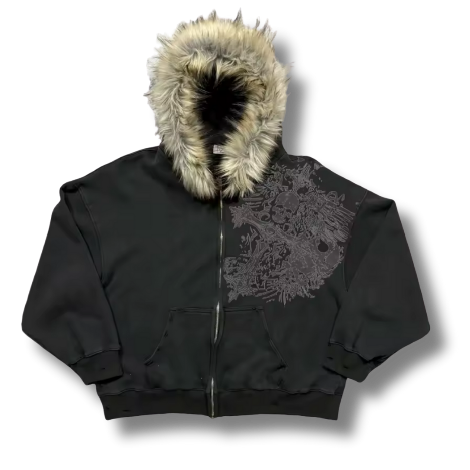 Slanted Cross Fluffy Hood Black Zip Up Hoodie