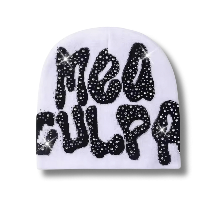 Mea Culpa Rhinestone White Beanie