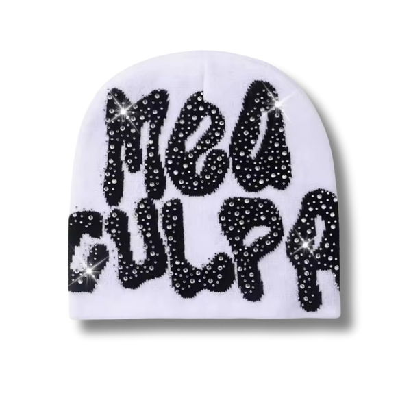 Mea Culpa Rhinestone White Beanie