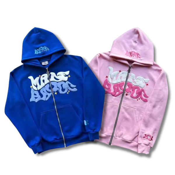 Matching Wavy Text Zip Up Set Blue+Pink